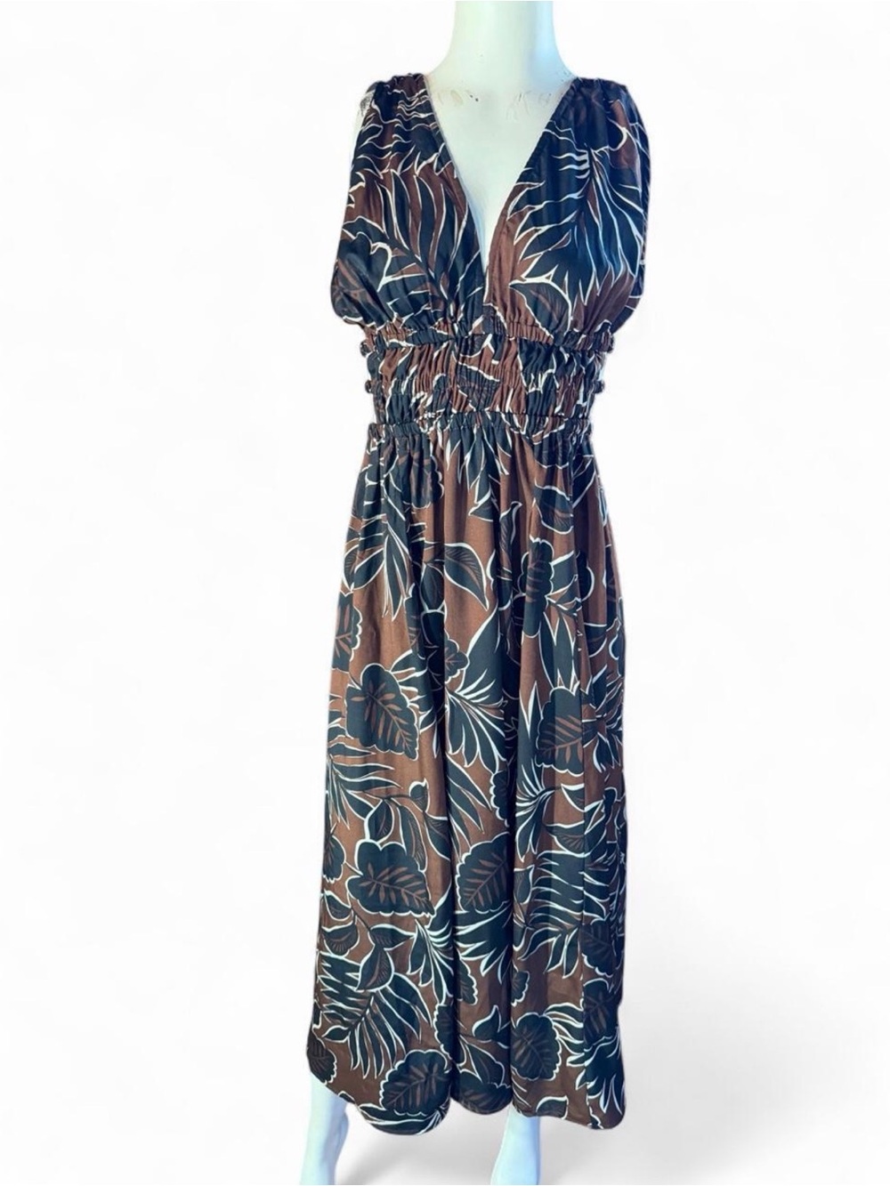 Brown Floral V-Neck Maxi Dress By BLUSHED with Smocked Waist